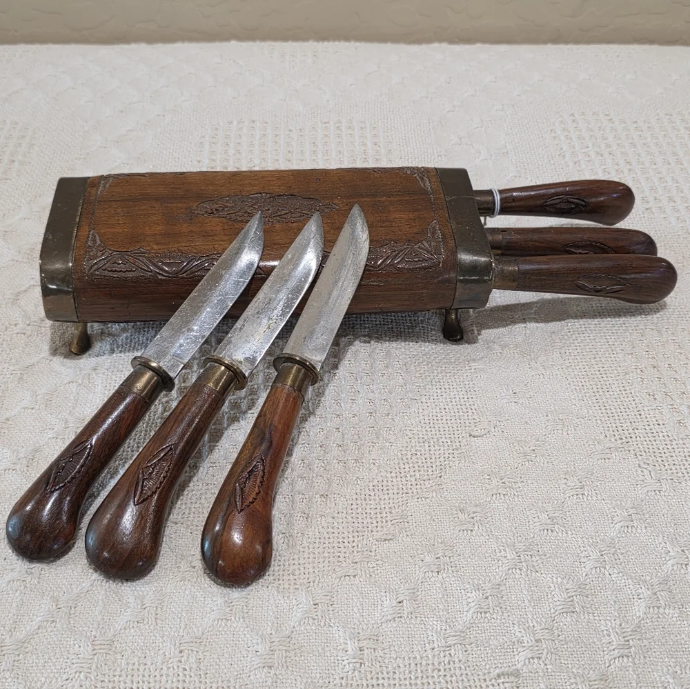 Vintage MCM Ornate Hand Carved Wood Brass INDIA 6 pc Knife Stainless Set Block